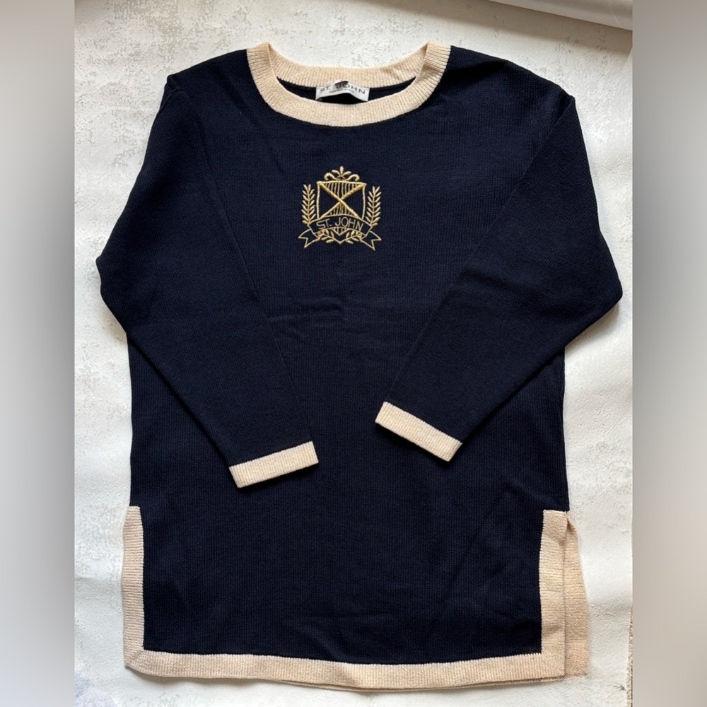 St. John Knit Navy Sweater with crest S M